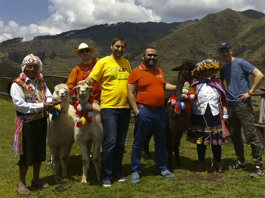 Alpaca experience tour in Chinchero Cusco with visitors walking alongside alpacas in the Sacred Valley of Peru