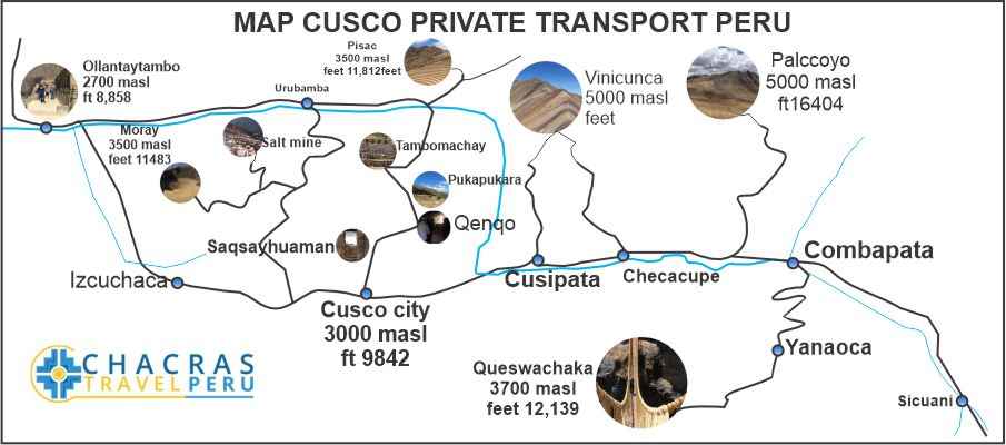 Cusco private transport map showing routes to Sacred Valley, Rainbow Mountain and Queswachaka