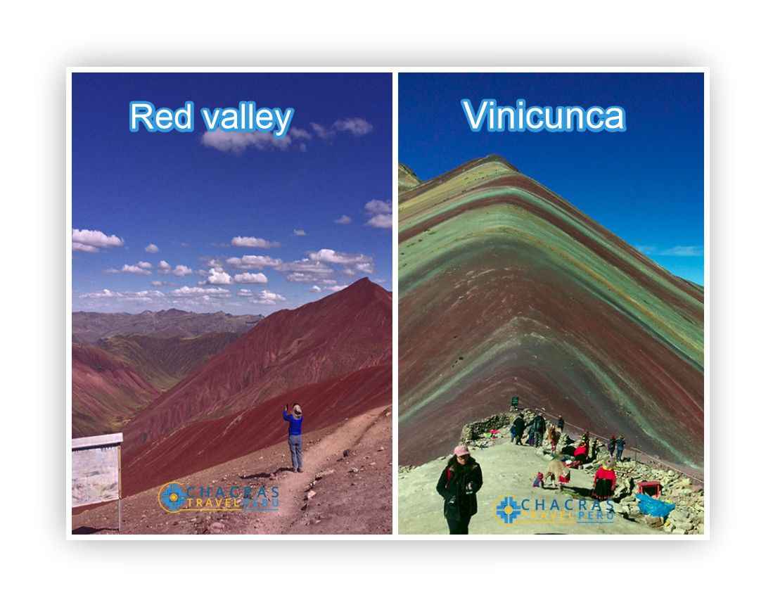 Rainbow Mountain Vinicunca and Red Valley hike Peru showing colorful mountains and red landscapes in the Andes